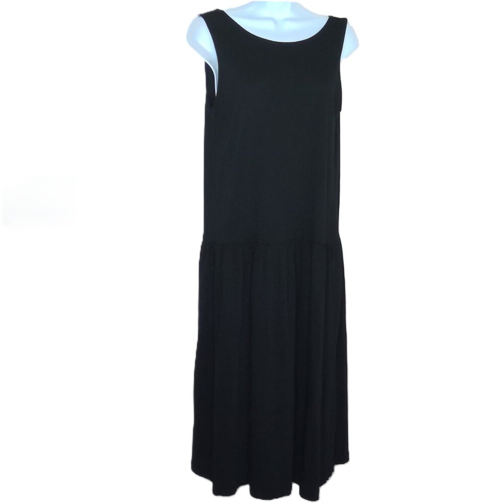 Zara Sleeveless Black Dress Plunge V Back Scoop Neck Midi Stretch Cotton Knit  S